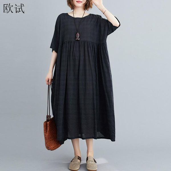 Abiti casual Plus Size Plaid Casual Abito estivo in cotone Donna Oversize Vintage 4XL 5XL 6XL Abiti da donna Robe Femme Beach Woman Dress 230321