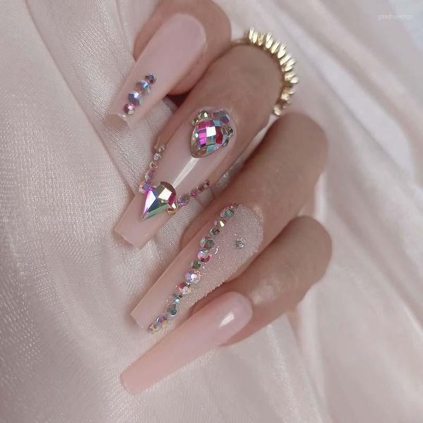 Falso unhas de luxo jóias de balé longo caixão de cristal falso diamante 24pcs nude