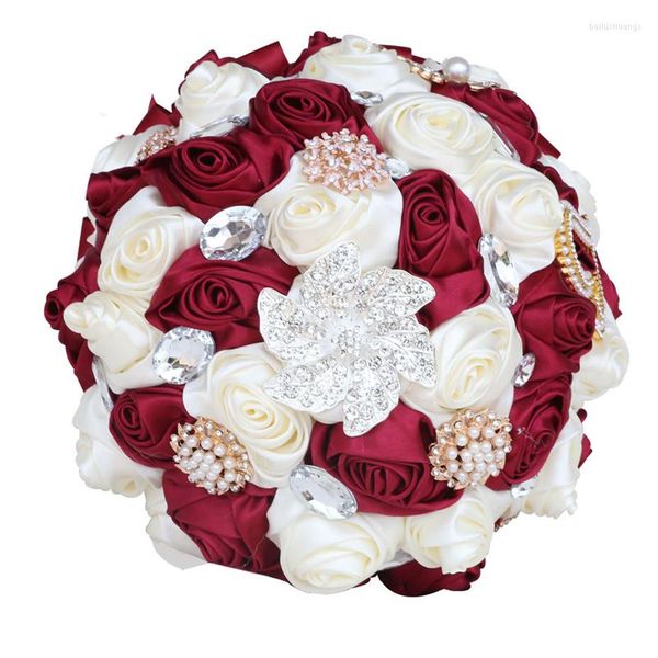 Wedding Flowers Rhinestone Bride Bridesmaid Brooch Bouquet 18cm Wine Red Pearl Diamond Satin Rose Promotion Diy Supplies JH006