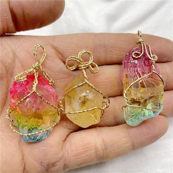 Kolye Kolyeleri Doğal Gem Taş Kuvars Sarı Kristal Düzensiz Tel Sarma Reiki Şifa Mücevher Yapımı Kolye Aksesuarları 6 PCS