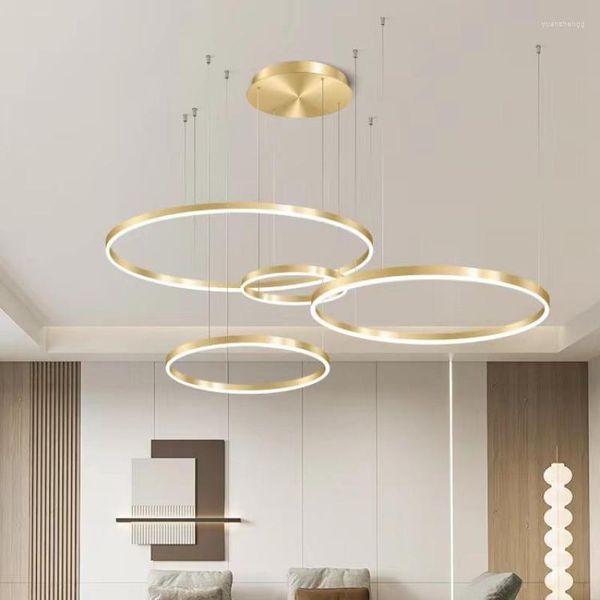 Lustres de lustres de lustre moderno iluminação caseira anéis escovados rings teto montado na sala de estar pingente de quarto de sala de estar lâmpada