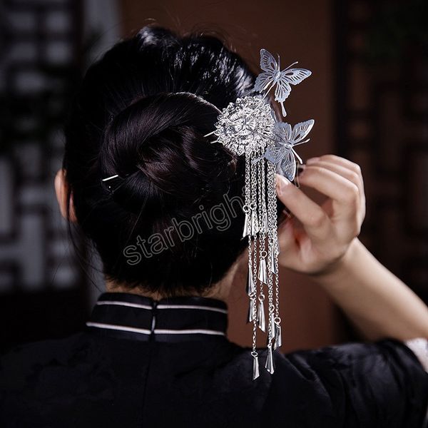 Chinesische Schmetterling Blume Quasten Haar Sticks Für Frauen Silber Farbe Hanfu Kostüm Haarnadel Kopfbedeckung Schmuck Hochzeit Zubehör