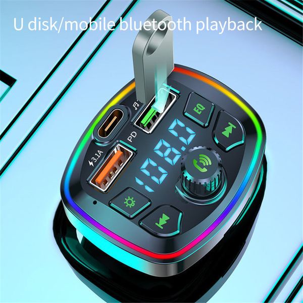 Carro Bluetooth 5.0 Transmissor FM PD 18W Tipo-C dual USB 3.1A Colorido Cigarro Ambiente Cigarro MP3 Player Music Player