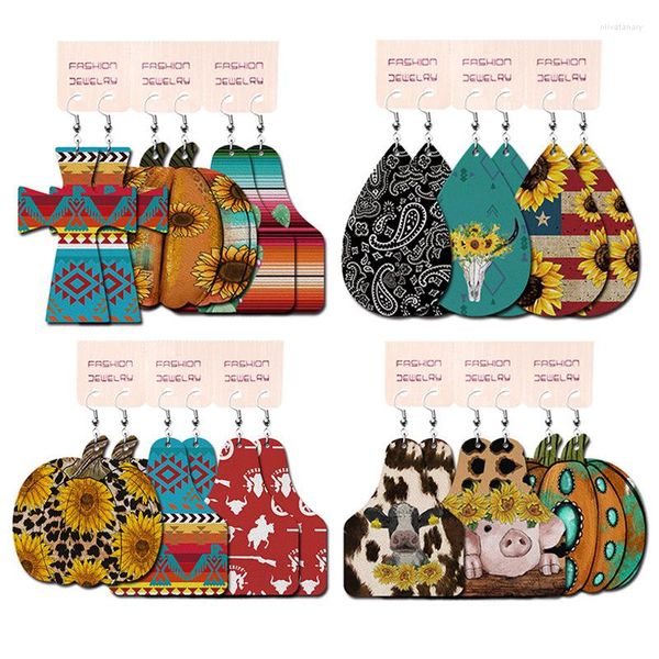 Orecchini a pennaglie 3 paia/set di girasole leopardo stampa water gocce tag cuoio cuo