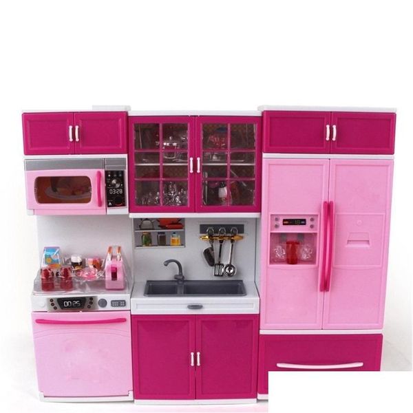 Cozinhas tocam comida infantil crianças grandes /27s cozinha com som e meninas leves fingem cozinhar brinquedos de brinquedos definidos para rosa armário de presente dhae1