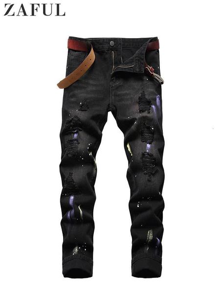 Jeans da uomo Jeans strappati per uomo Y2K Solid Midwaist Denim Dark Wash Paint Splatter Pantaloni lunghi Streetwear Pantaloni dritti con cerniera 230320