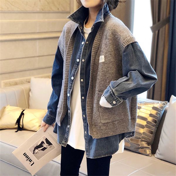 Camicia finta in due pezzi Giacche patchwork Maglione da donna Primavera Autunno Cardigan in denim Moda Cappotto allentato streetwear stile coreano