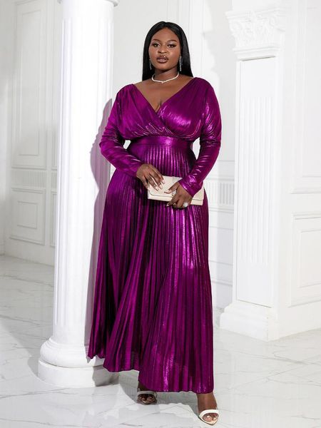 Abiti taglie forti Abito da festa lucido Viola Elegante manica lunga da sera Maniche a vita alta pieghettate dorate Fit Flare Prom Robe 2023