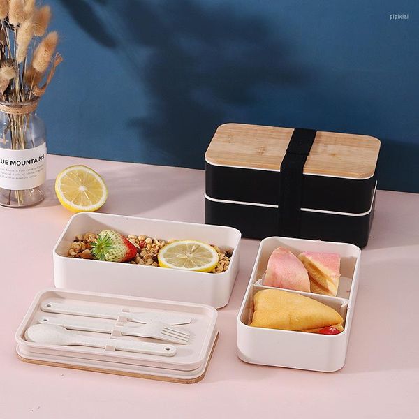 Set di stoviglie Scatola da pranzo termica in stile giapponese per bambini Bento Lunchbox isolato Grana di legno Forchetta per coltello a microonde