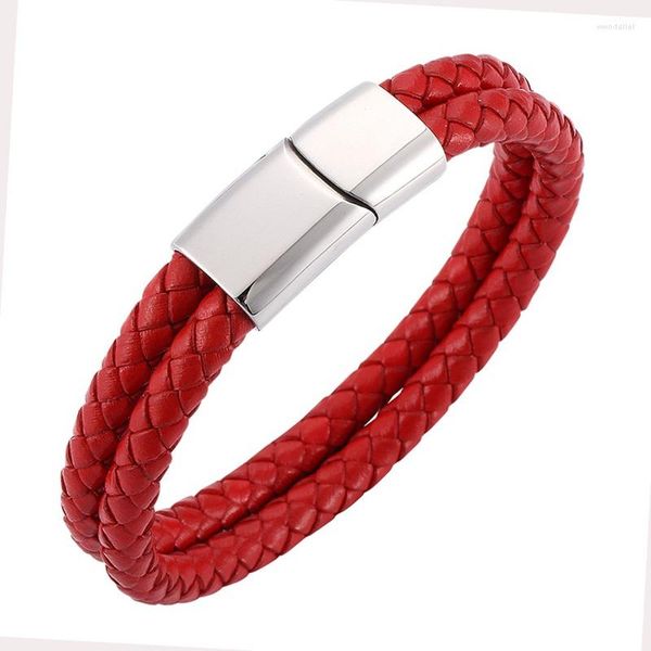 Braccialetti con ciondoli Moda Doppio strato Bracciale in pelle intrecciata rossa Uomo Trendy Acciaio inossidabile Chiusura magnetica Cinturino da polso da donna Gioielli Regali