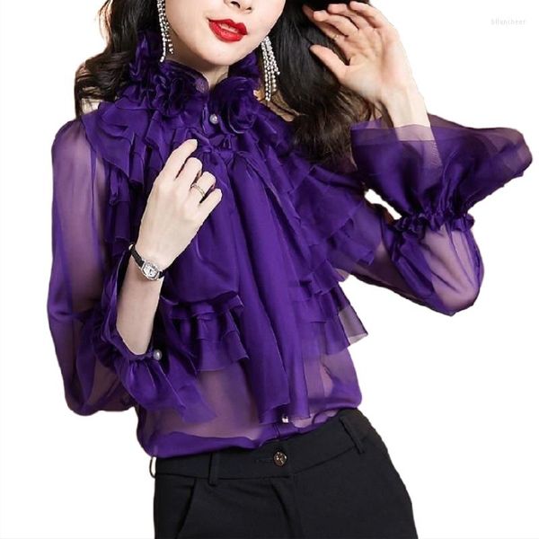 Camicette da donna Prospettiva da donna Foglia di loto viola 3D Papillon Camicie di chiffon pieghettato Blusas in pizzo con maniche svasate Crop Top 2023