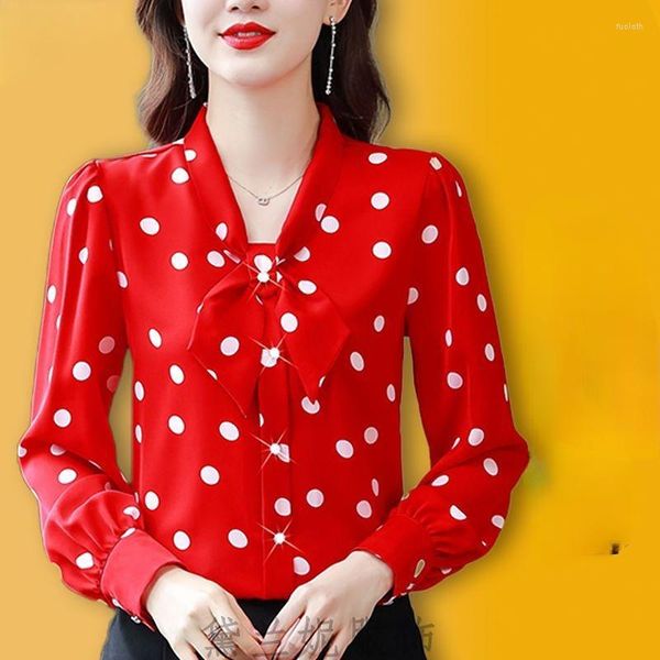 Damenblusen Herbst Frauen Kleidung Seidenhemd Vintage Bluse Weiblich Dot Print Sheer Top Langarm Damen Chffion Overshirt G67