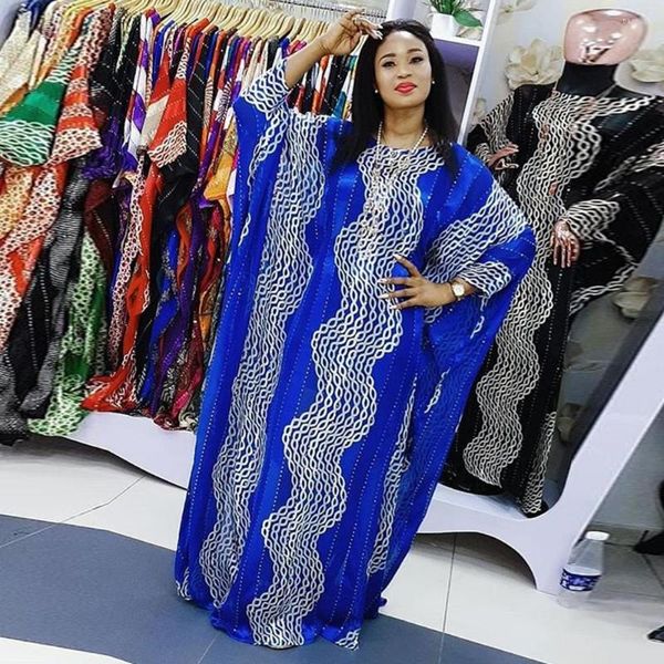 Ethnische Kleidung Muslim Mode 2023 Hohe Qualität Afrikanische Kleider Frauen Batwing Hülse O-ansatz Wellenmuster Diamant Streifen Druck Lose Party