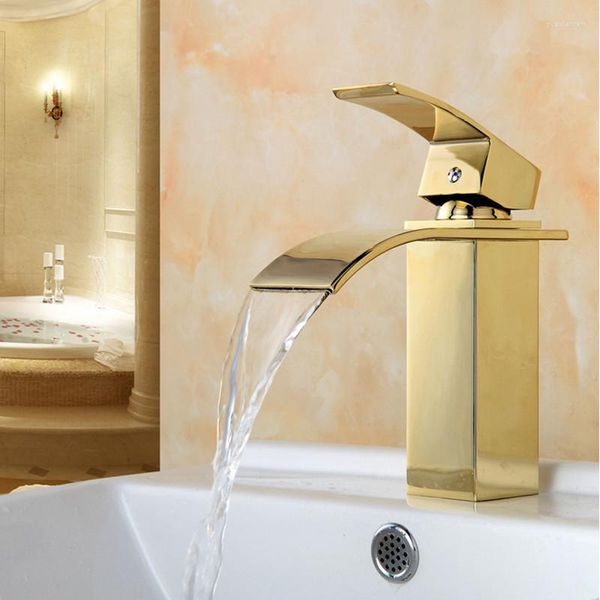 Badezimmer-Waschtischarmaturen und Kaltwaschbecken-Wasserhahn, Wasserfall-Waschtischmischer, Einhebel-Gold-Messing-Wascharmaturen