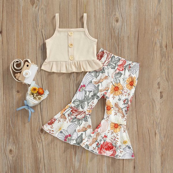 Roupas conjuntos de roupas infantil menina 2pcs roupas de malha de malha blusfles colete colete floral calças de fogo de verão