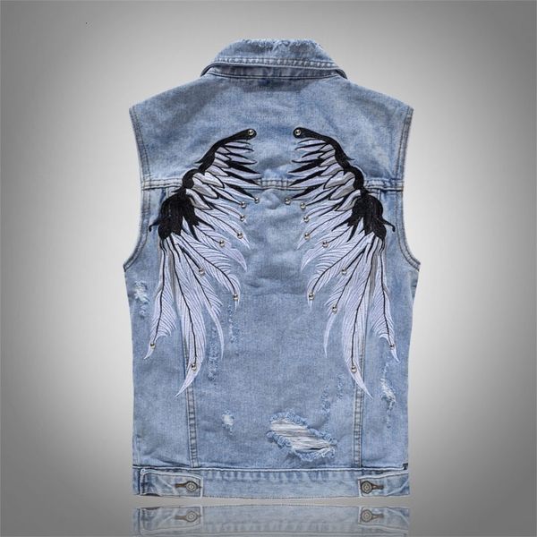 Herrenwesten Zerrissener Denim mit Flügelstickerei Hi Street Distressed Ärmellose Jacke Weste Plus Größe M5XL 230320