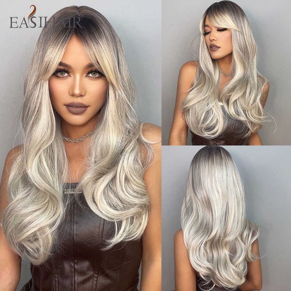 Синтетические парики Easihair Long Wavy -Brown Grey White Sombre Synthetic Wigs с челками Женщины косплей парик высокий температурный теплостойкий 230227