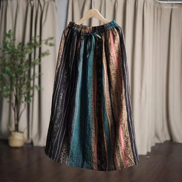 Röcke Limiguyue Ethnische Vintage Hohe Taille Sommer Kordelzug Lose A-linie Streifen Plissee Rock Strand Boho Lange Maxi J208