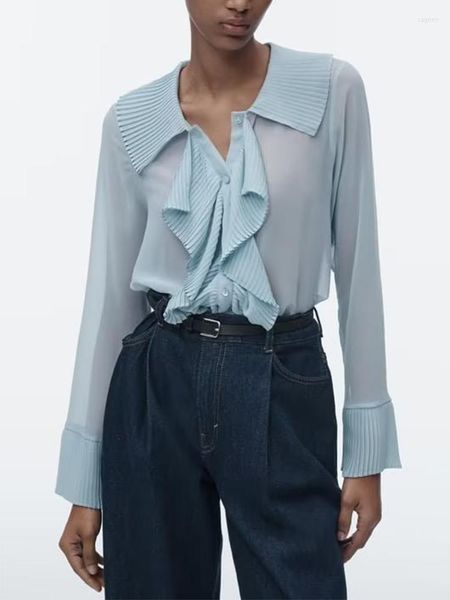 Camicette da donna Moda donna con balze Camicie semitrasparenti vintage a maniche lunghe con bottoni Camicie da donna Blusas Chic Top