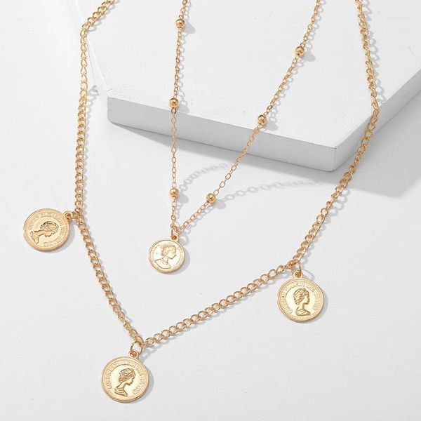 Anhänger Halsketten Damen Doppelschicht Hals Schlüsselbein Kette Einfachheit Geometrische Multi-Relief Porträt Münze Für Frauen Schmuck