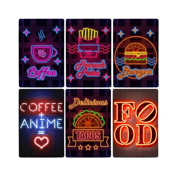 Cafe Pub Neon Metal Kalay İşaretleri Kahve Yemekleri Retro Metal Poster Plakları Dekorasyon Bar Kulübü Vintage Teneke Duvar Tabakları 30x20cm W03