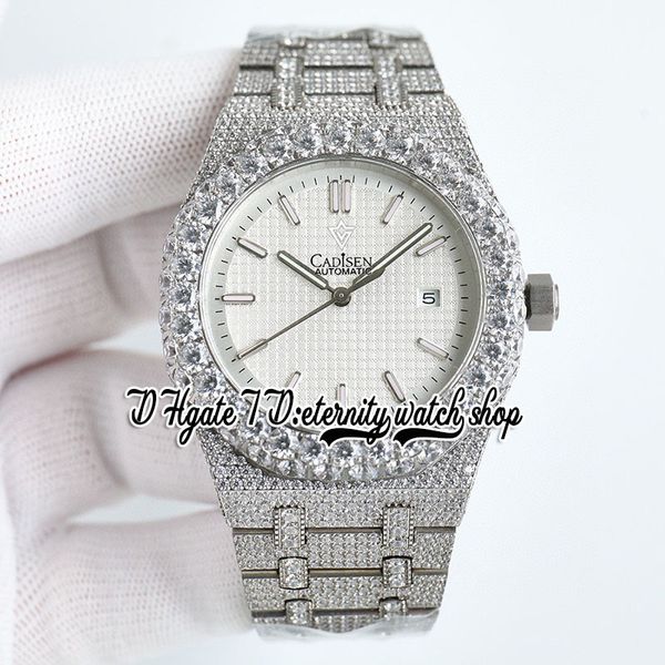 BZF sf15500 Giappone M8215 Orologio automatico da uomo ghiacciato Grande lunetta con diamanti Texture bianca Quadrante con indici in acciaio inossidabile Bracciale con diamanti eternità Orologi gioielli