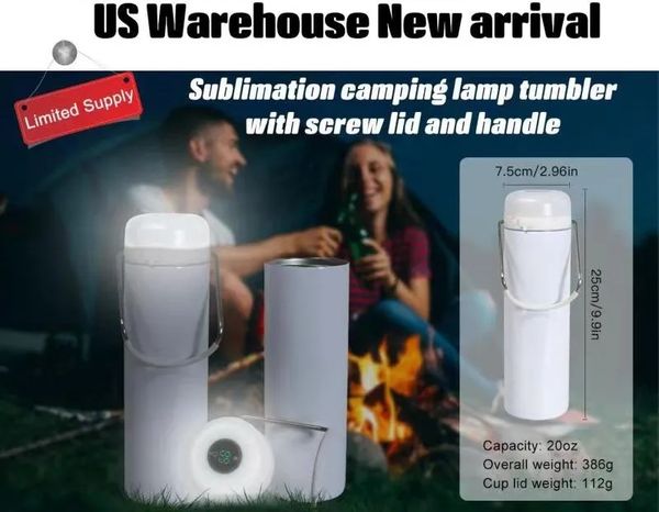 Us Warehouse sublimação de 20 onças de camping lâmpada com tampa de parafuso e alça de led temprete luz portátil portátil xícara esportiva z11