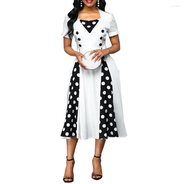 Casual Dresses Sommerkleid für Frauen 2023 Vintage Dot Print Kurzarm Slim Hiag Taille Büro A-Line Party Sommerkleid Midi Robe