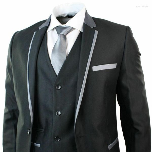 Erkek takım elbise parlak siyah erkek 3 parça 1 düğme kostümü homme gri trim takılan düğün parti balo takım elbise