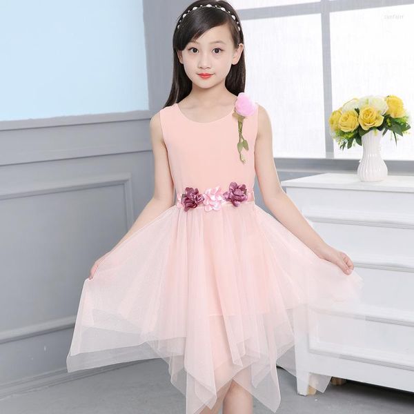 Девушка платья девушкам Три цветочная шифоновая сетчатая юбка маленькое летнее платье