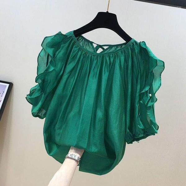 Kadın Tişörtleri 2023 Şifon T-Shirt Petal Kollu Düz Renk Şık Moda Tatlı Güzel Güzel Güzel Güzel Güzellik Hollow Arka Kısa Üst