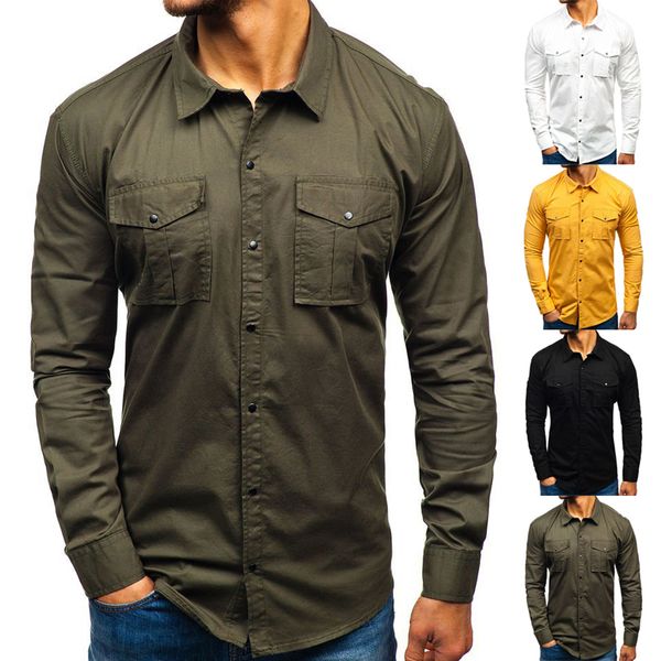 Camicie casual maschile camicetta casual in cotone a maniche lunghe camicia da camicia da uomo camicia slim cargo di carico camicia militare doppia tasche 230321