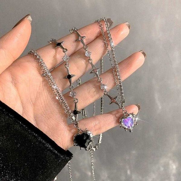 Подвесные ожерелья Y2K Фиолетовое хрустальное сердце подвесное колье Женщины Light Luxury Egirl Emo Punk Grunge Clabical Chain Fashion Fashion Day Dise Gifts Z0321