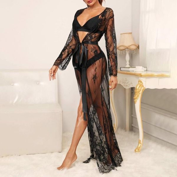 Mulher feminina Sexy Women Women Nightgown Fashion Lace Robe Lingerie preta com cetim Cinturão de seda perspectiva feminina