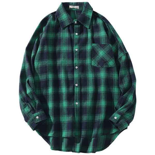 Мужские повседневные рубашки бренд весенний осень длинные рукава фланелевые воротнички в стиле корея зеленый красная рубашка для мужской клетки Harajuku одежда 230321