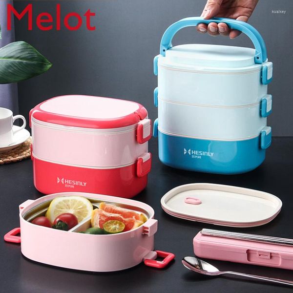 Geschirr-Sets, isolierte Lunchbox aus Edelstahl, Mikrowellenherd, Heizung, tragbar, 3-lagig, 2 Fächer, mit Geschirr