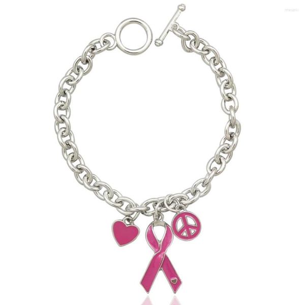 Braccialetti con ciondoli Consapevolezza del cancro al seno Nastro rosa Cuore Pace Catena a maglie Bracciale con ciondoli Bracciale rigido Gioielli Pulseira Feminina Goccia