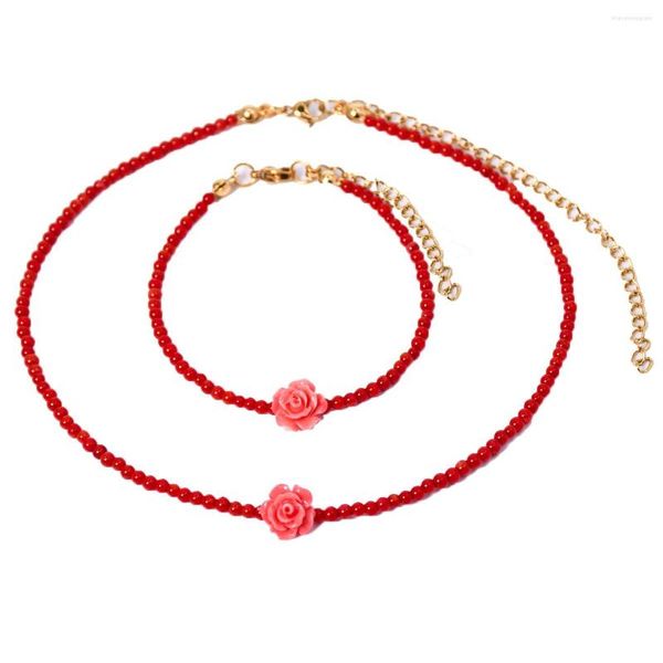 Brincos de colar Conjunto KBJW Romântica pulseira de gargantilha de miçangas de 3 mm de jóias de coral vermelho de aço inoxidável 18K Gold para menina