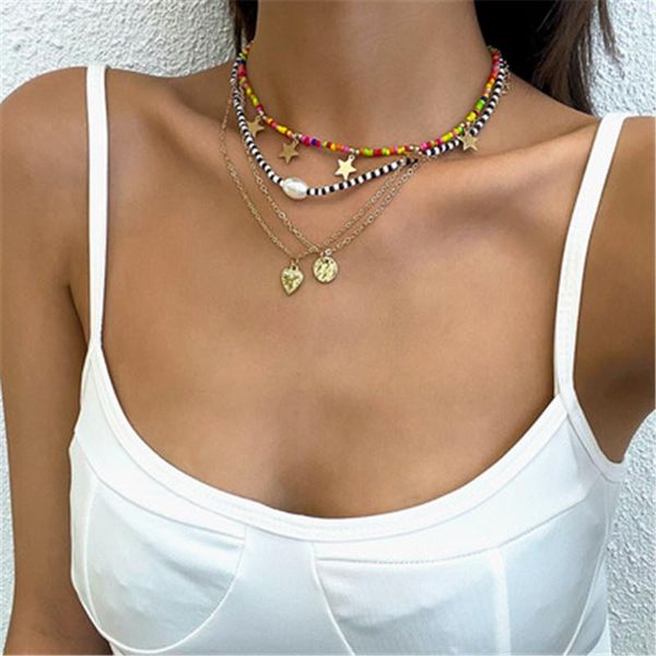 Anhänger Halsketten 4 teile/satz Boho Bunte Perlen Stern Perle Herz Halskette Für Frauen Mädchen Gold Farbe Multilayer Collares