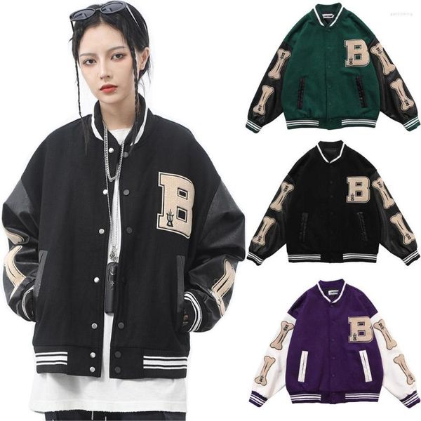 Giacche da uomo 2023 Hip Hop Mens Baseball Furry Bone Patchwork Color Block Donne Harajuku College Style Bomber Cappotti