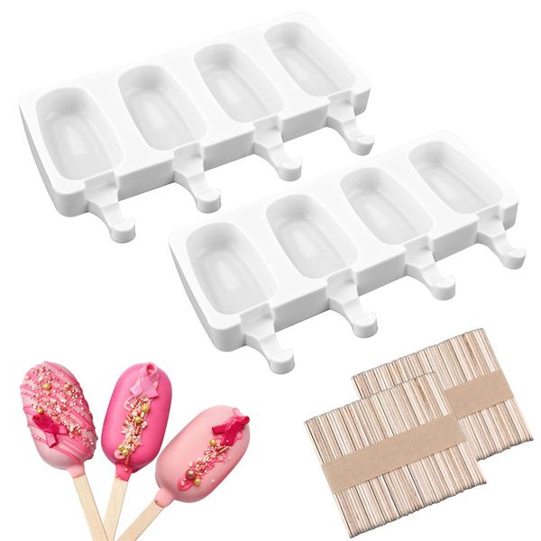 Silikonform für Eis am Stiel (2-teiliges Set) Eiscreme-Werkzeuge Eis am Stiel Mini-Form mit 4 Hohlräumen, oval, hausgemachter Kuchen, Eis am Stiel mit 50 Holzstäbchen