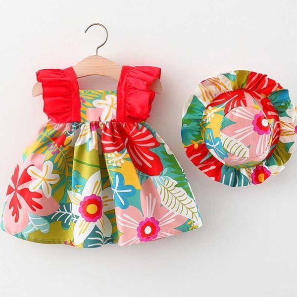 Kleidungssets Neugeborenes Baby Mädchen Kleid 2 Stück Sommer Neue Ganzkörperfarbe Große Blume Baumwollkleid Mädchen Fliegenärmel Rückenband Kleid Senden Sie einen weichen Hut Z0321