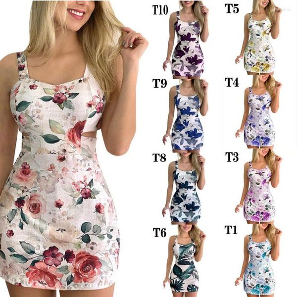 Abiti casual 2023 Gonna corta primavera ed estate Collo basso Vestito a trapezio con bretelle sexy Stampa a fiori grandi