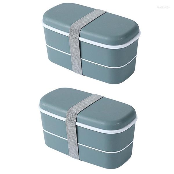 Geschirr-Sets, 2 x mikrowellengeeignete 2-lagige Lunchbox mit Fächern, auslaufsicherer Bento-Isolierbehälter, grün