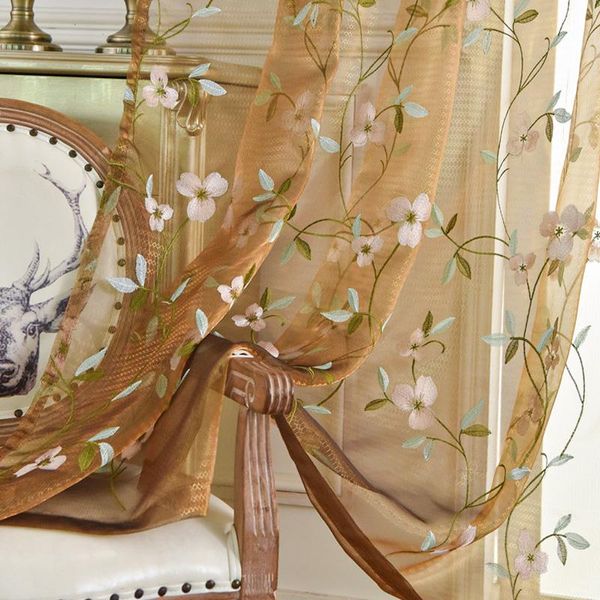 Vorhang Vorhänge bestickt Kaffee Floral Tüll Vorhänge für Schlafzimmer Pastoral Sheer Voile Wohnzimmer Küche Fenster Bildschirm