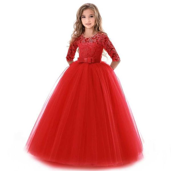 Abiti da ragazza 2023 Nuova ragazza adolescente Principessa Abito in pizzo solido Bambini Abiti da ricamo a fiori per ragazze Bambini Prom Party Wear Abito da ballo rosso