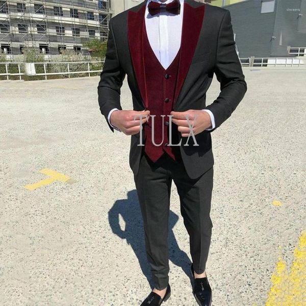 Мужские костюмы 3 штуки мужчины Slim Fit Black Wedding Tuxedo Burgundy бархатный жилет мужской модный груд