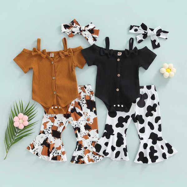 Set di abbigliamento mababy 024M Neonato Neonate Vestiti Set Fiocco lavorato a maglia Pagliaccetto Leopard Cow Print Flare Pants Abiti Abbigliamento estivo D01 Z0321