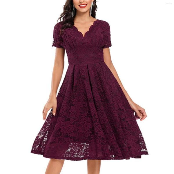 Casual Kleider Vintage Plus Größe Frauen V-ausschnitt Kurzarm Spitze Floral Elegante Cocktailkleid Party Bankett Vestidos