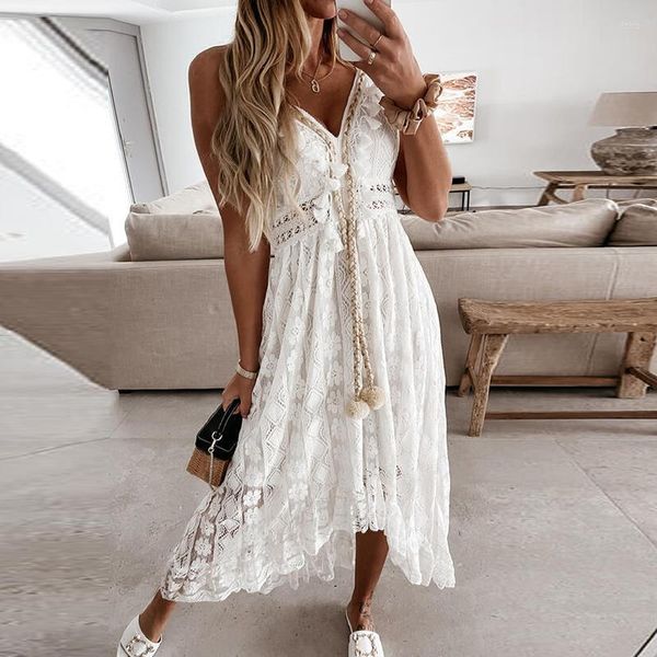 Повседневные платья Boho Women Lace Hem платье 2023 Цветочные кисточки Deep V-образной повязкой рукавов пляжная одежда Summer S-2xl бежевый/ белый